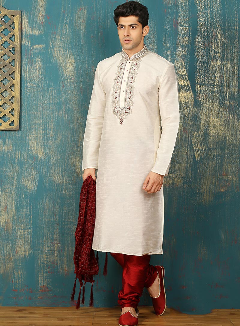 White Art Silk Readymade Kurta Pajama 88001