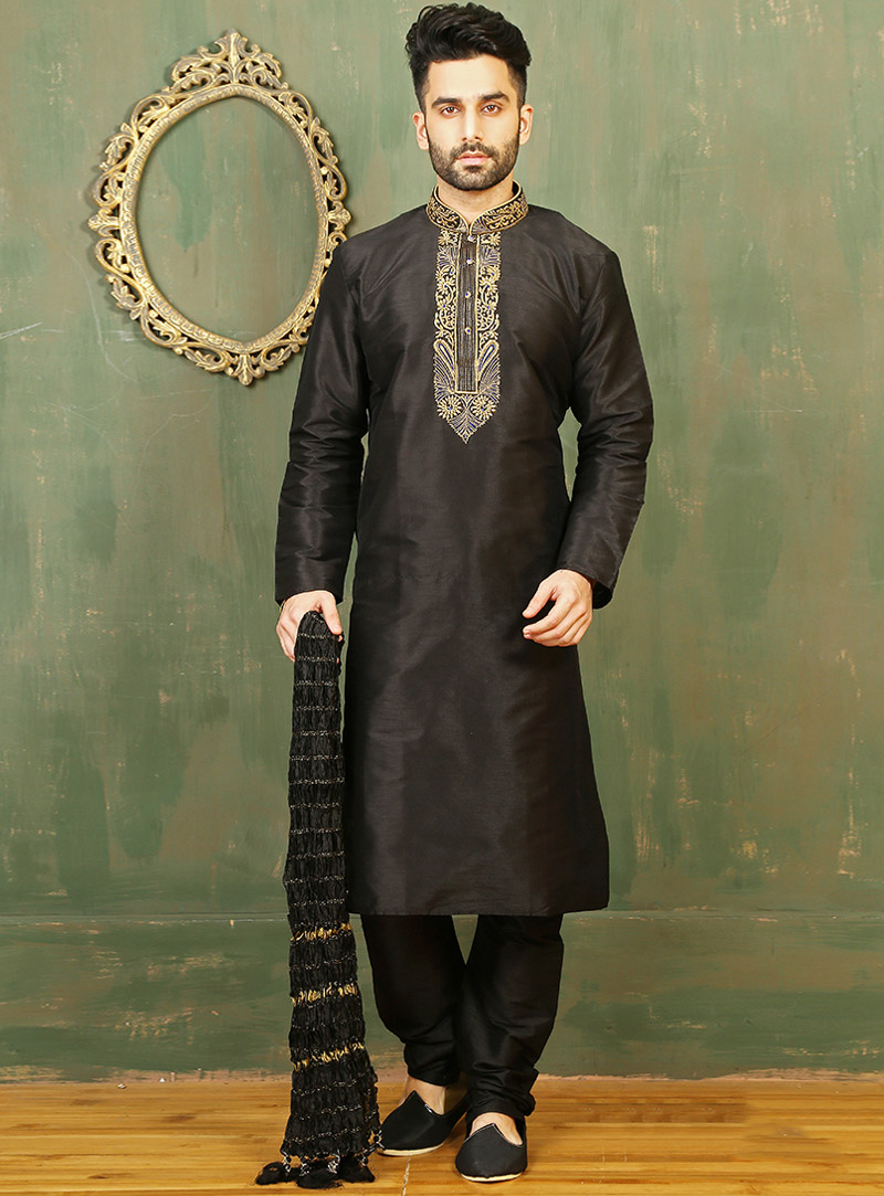 Black Art Silk Readymade Kurta Pajama 88002