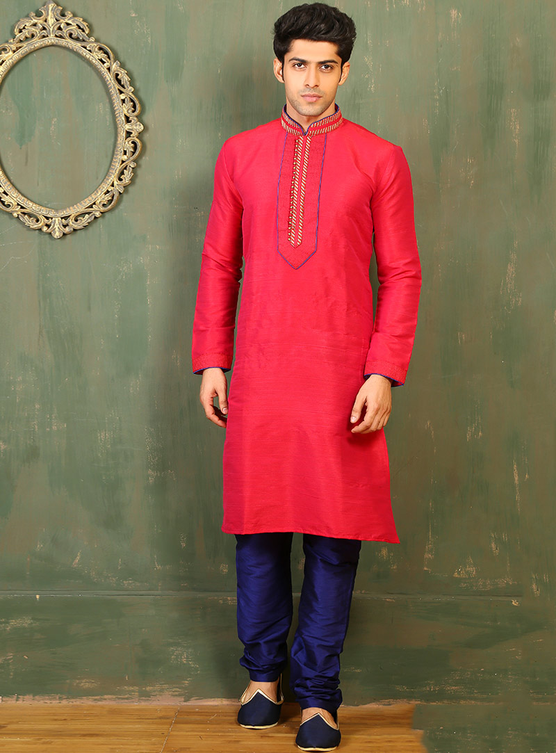 Pink Art Silk Readymade Kurta With Churidar 88076