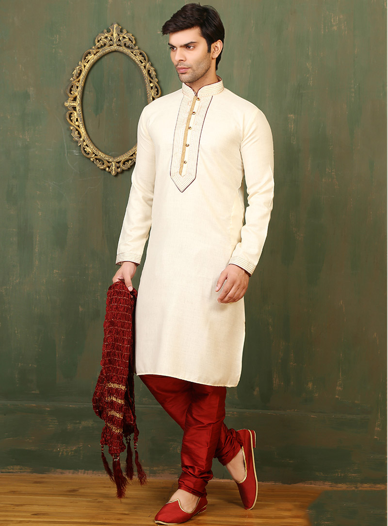 Cream Cotton Readymade Kurta Pajama 88077