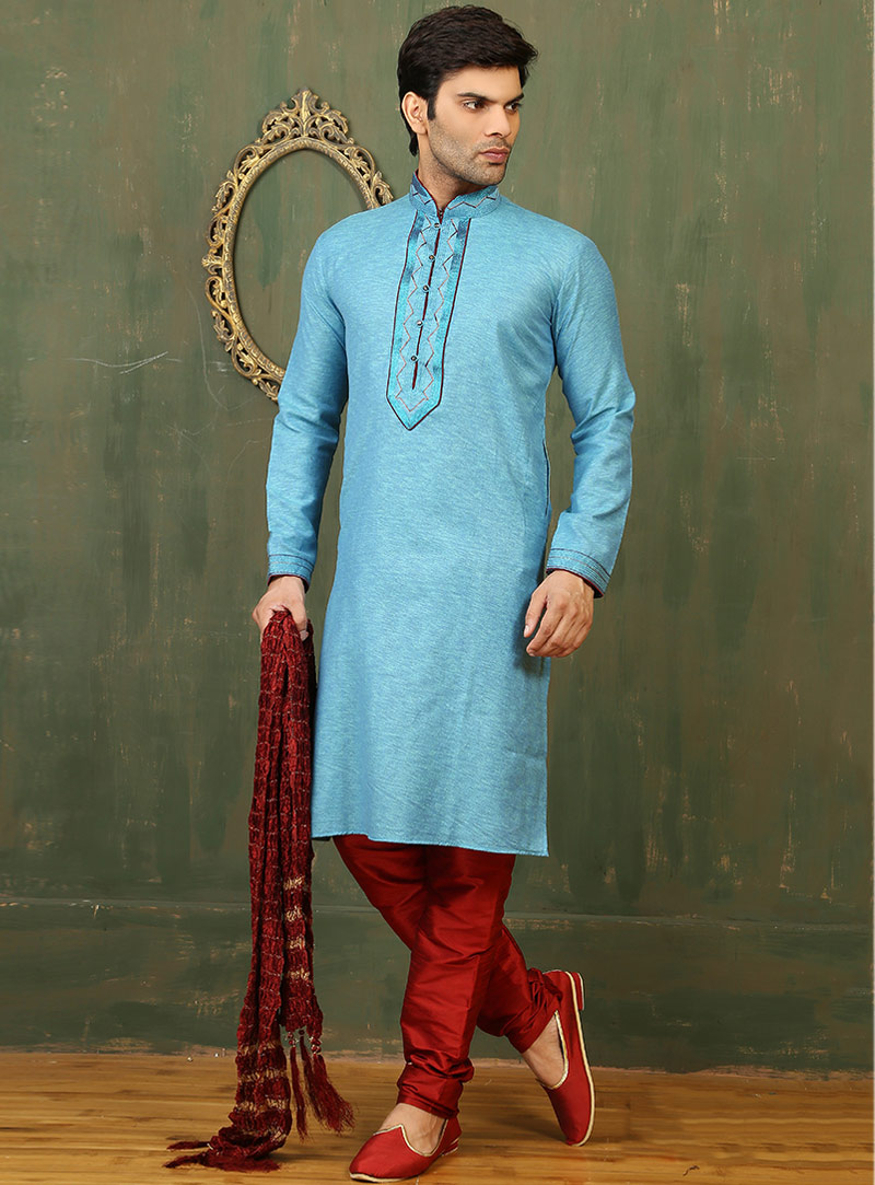 Sky Blue Cotton Readymade Kurta With Churidar 88078