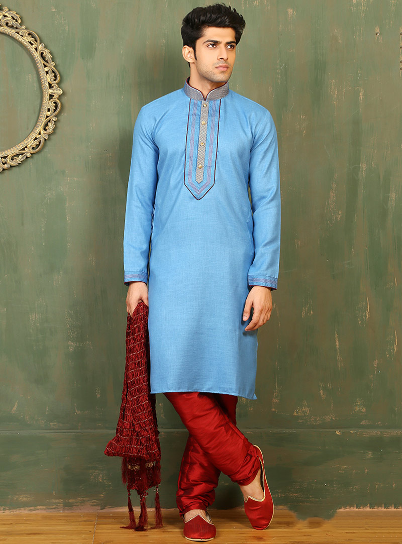 Sky Blue Cotton Readymade Kurta With Churidar 88084