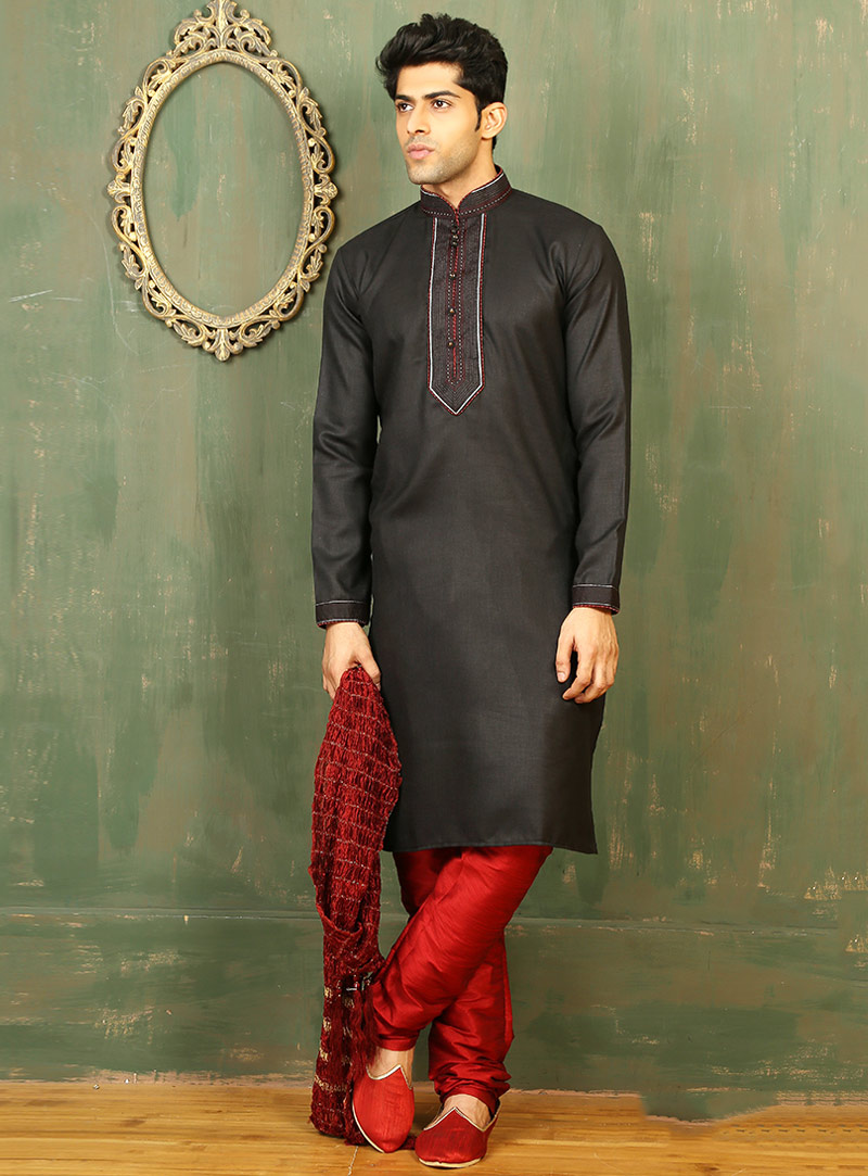 Black Cotton Readymade Kurta Pajama 88085