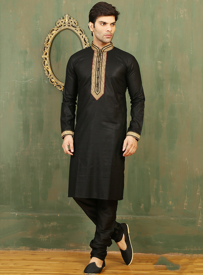 Black Cotton Readymade Kurta With Churidar 88088