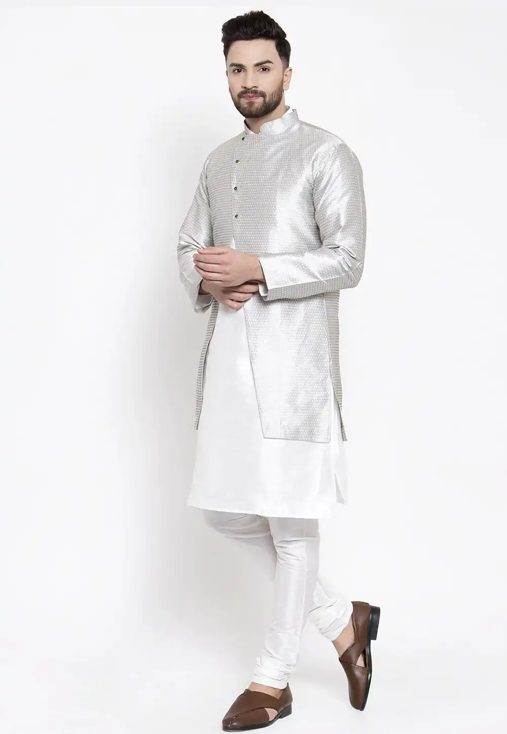 White Dupion Silk Kurta Pajama With Jacket 244485