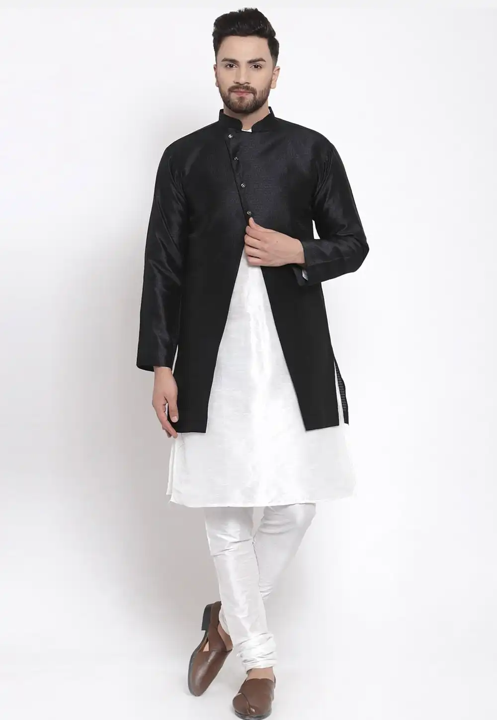 White Dupion Silk Kurta Pajama With Jacket 244486