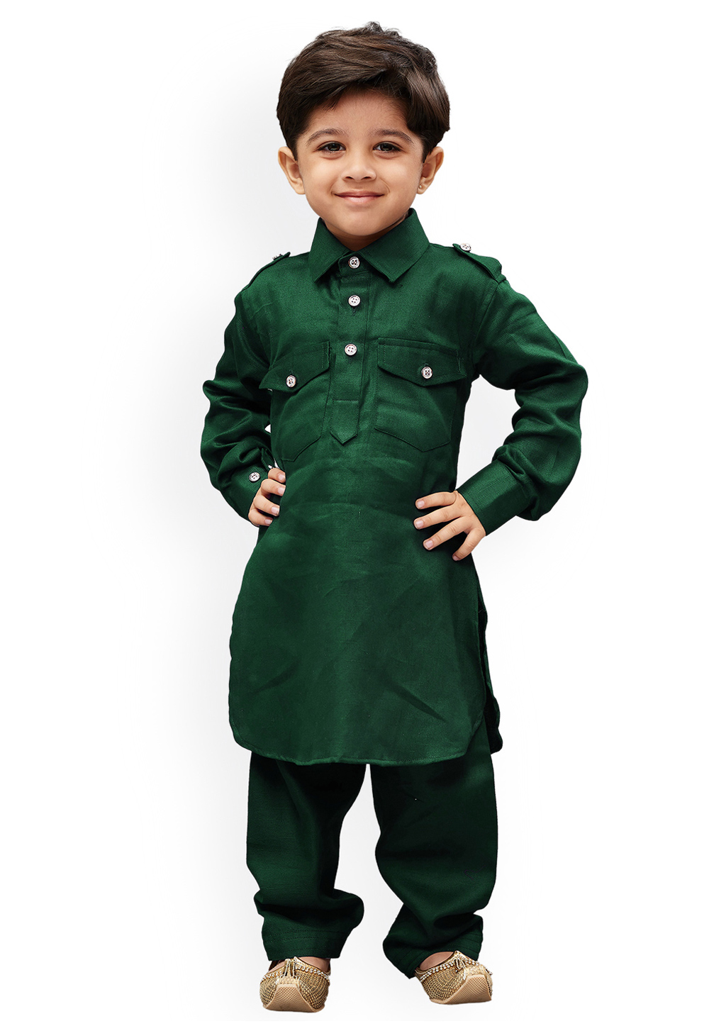 Green Dupion Silk Kids Pathani Suit 216231