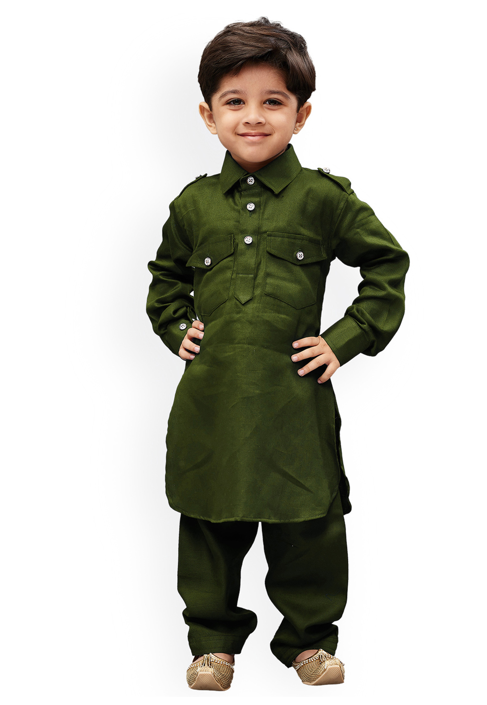 Green Dupion Silk Kids Pathani Suit 216233
