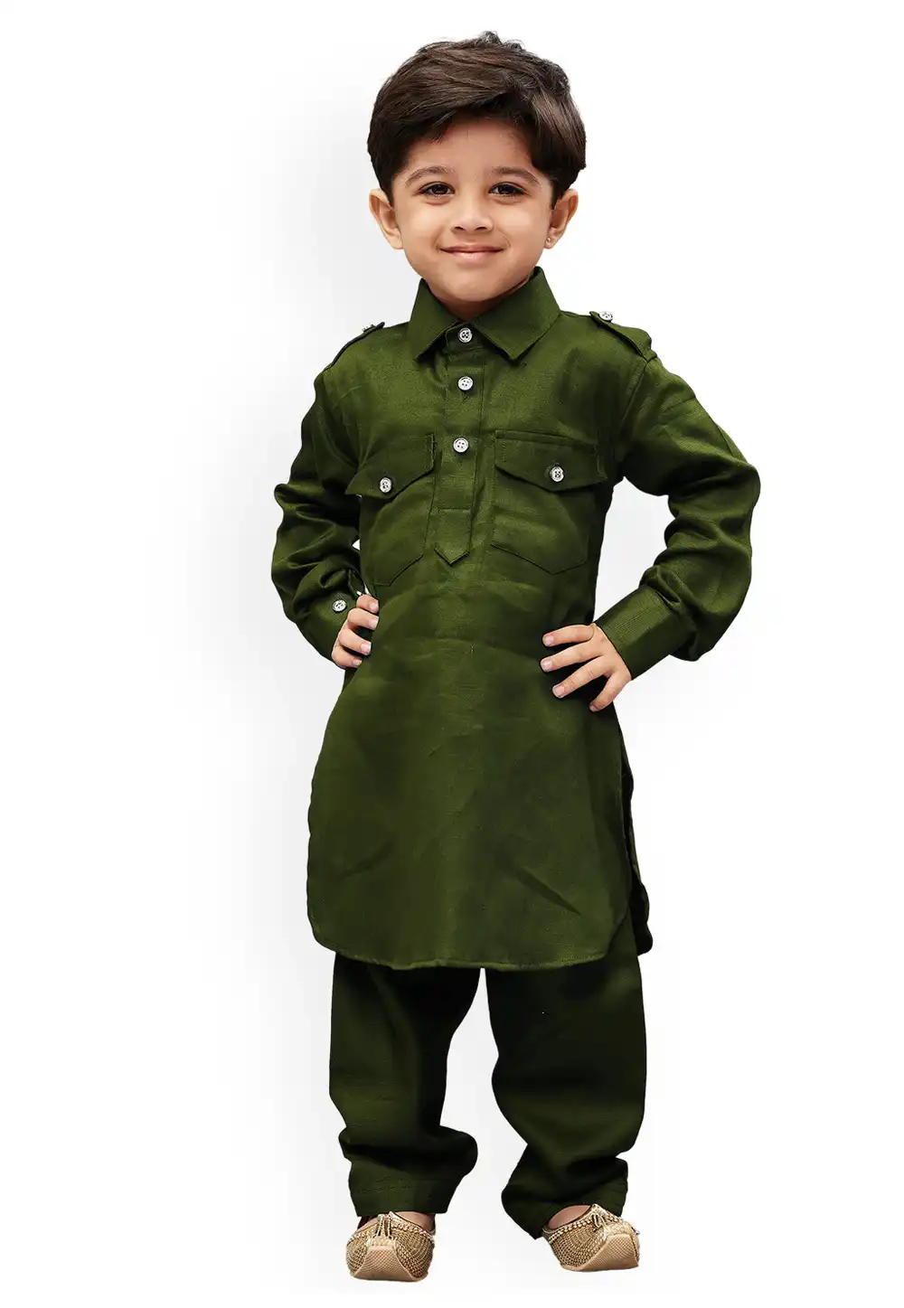 Green Dupion Silk Kids Pathani Suit 216233