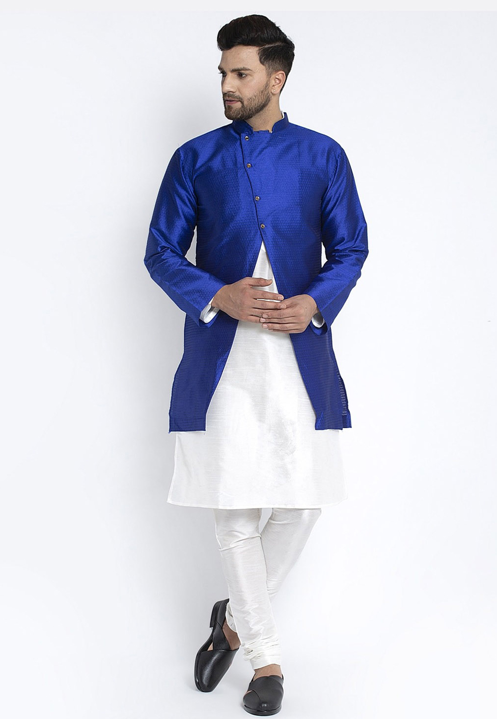 White Dupion Silk Kurta Pajama With Jacket 244487