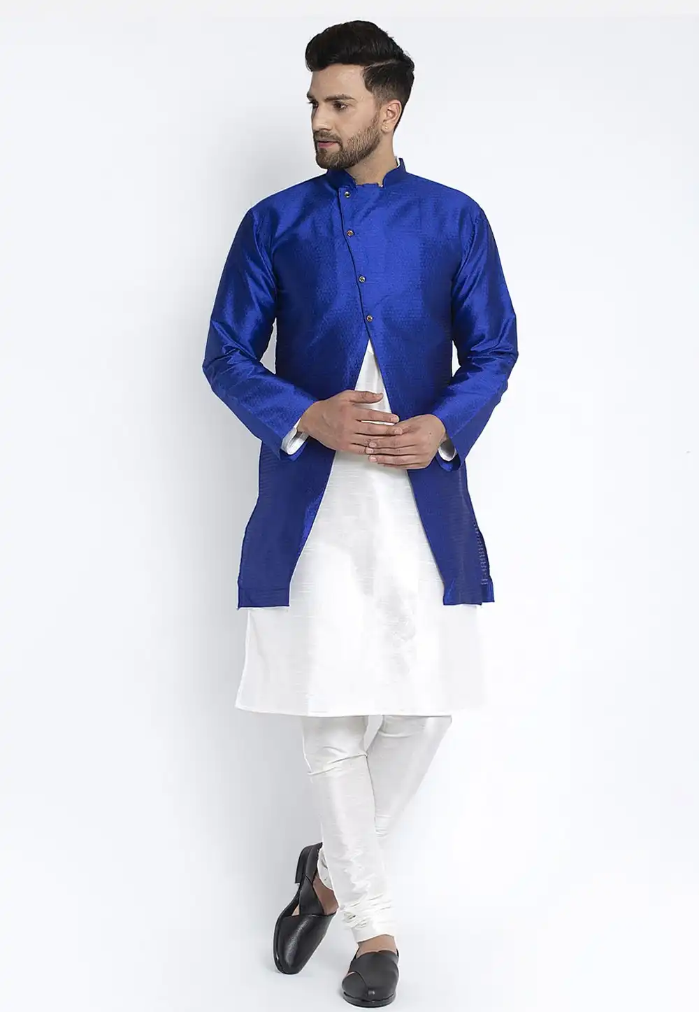 White Dupion Silk Kurta Pajama With Jacket 244487
