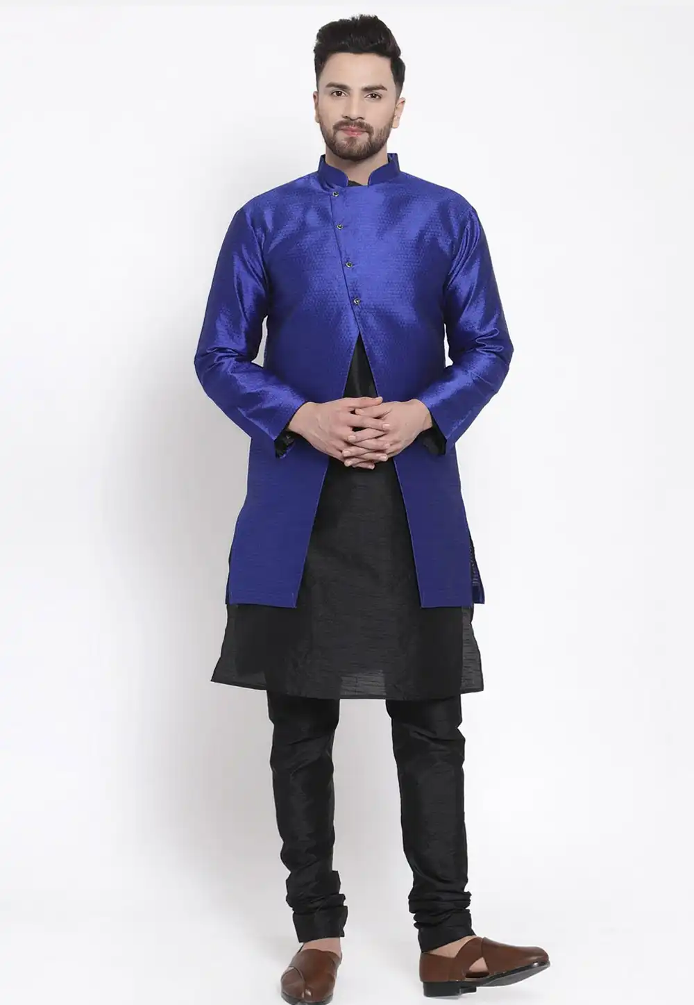 Black Dupion Silk Kurta Pajama With Jacket 244488