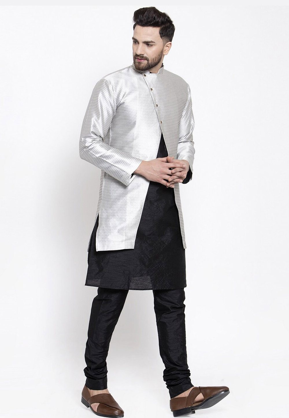 Black Dupion Silk Kurta Pajama With Jacket 244489