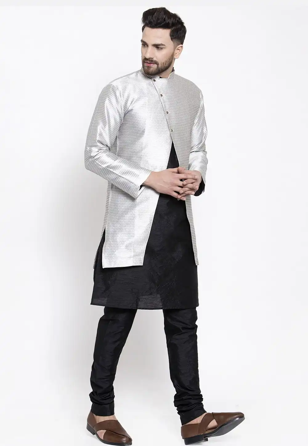 Black Dupion Silk Kurta Pajama With Jacket 244489