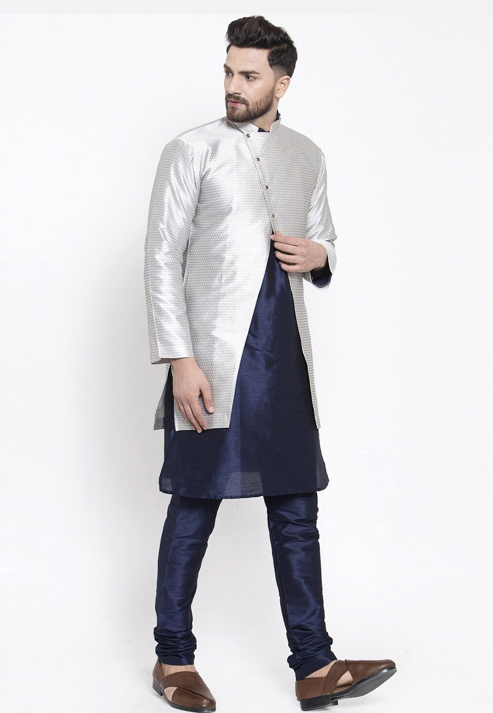 Navy Blue Dupion Silk Kurta Pajama With Jacket 244490