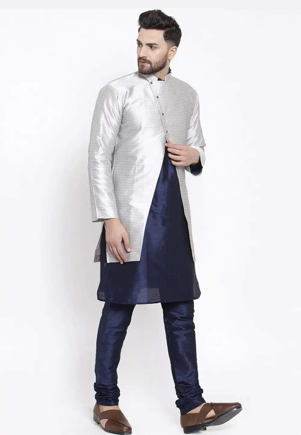 Navy Blue Dupion Silk Kurta Pajama With Jacket 244490