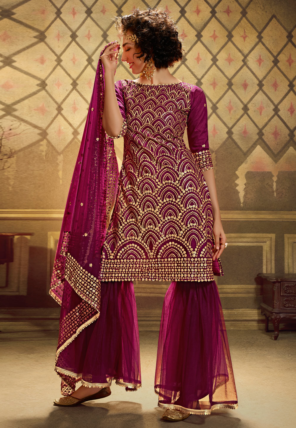 Magenta Net Sharara Suit 214064