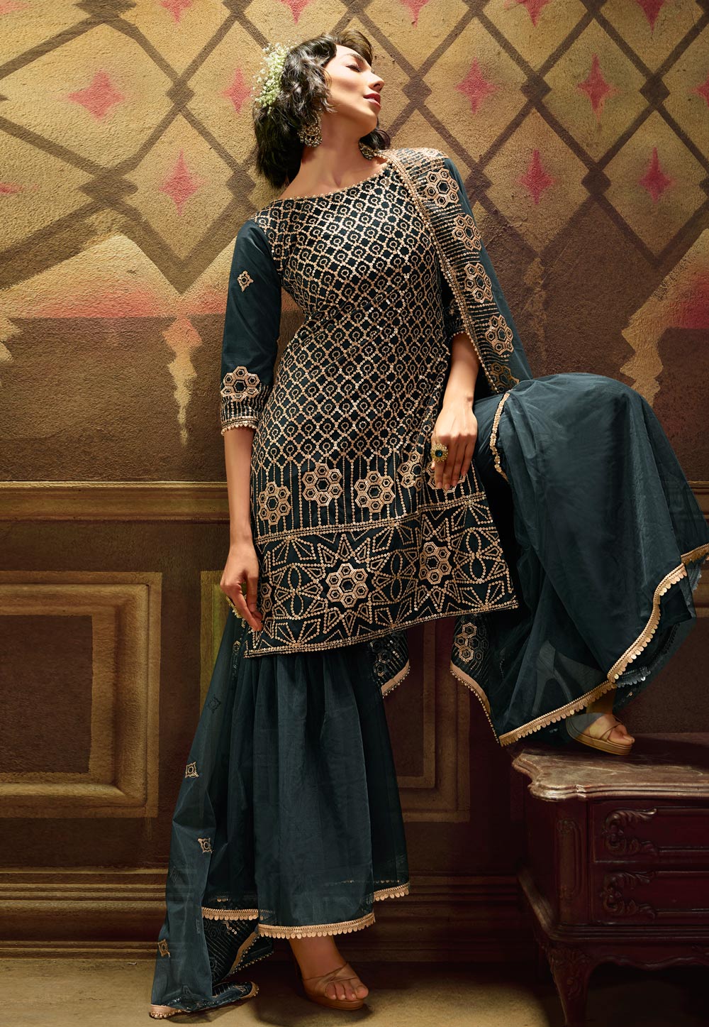 Grey Net Sharara Suit 214065