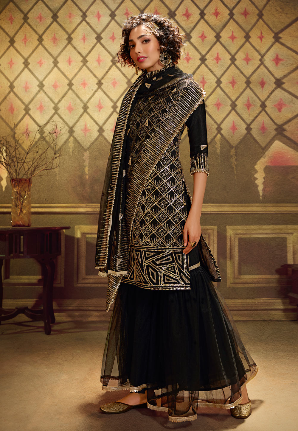 Black Net Sharara Suit 214066