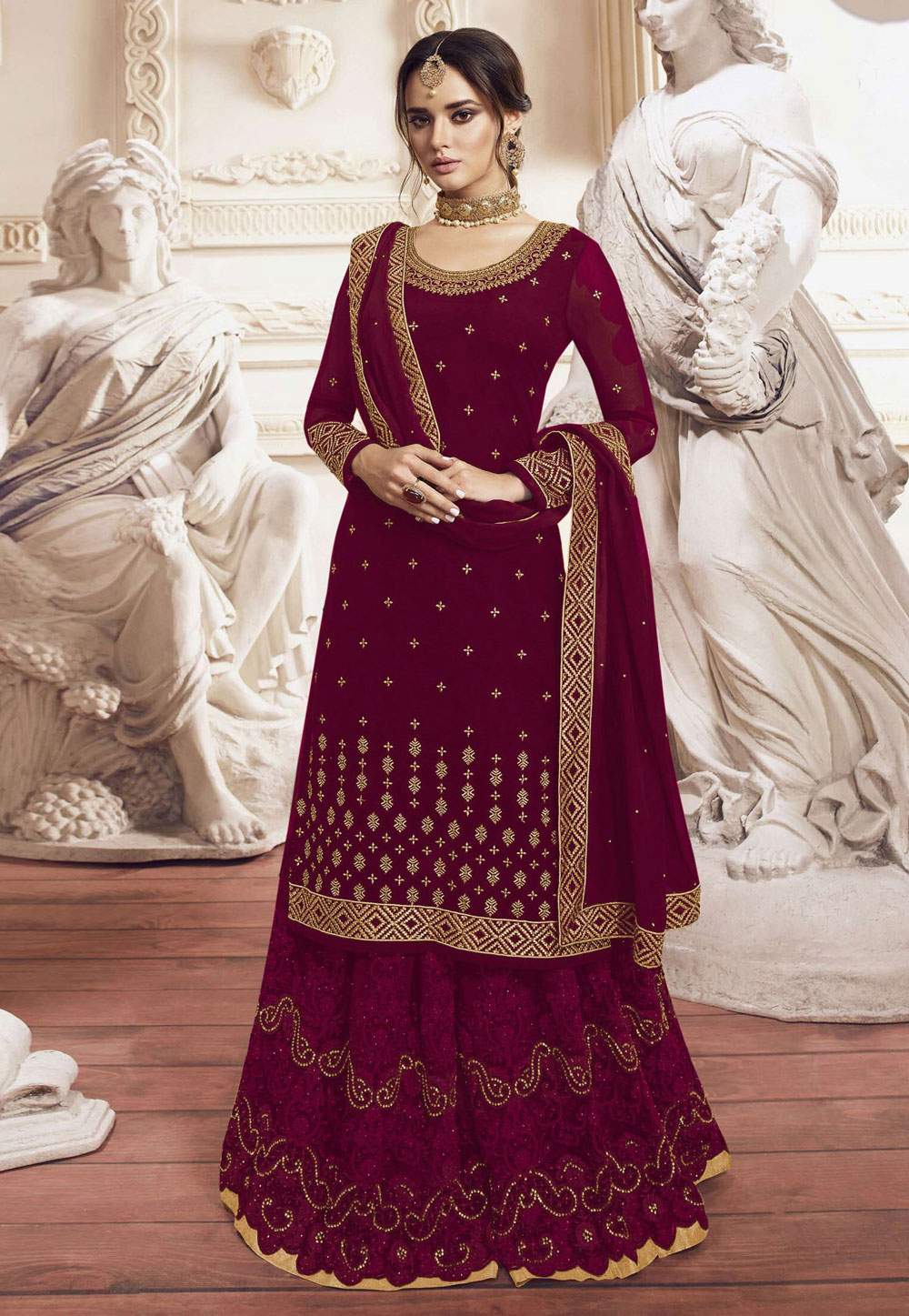 Magenta Faux Georgette Palazzo Suit 200103