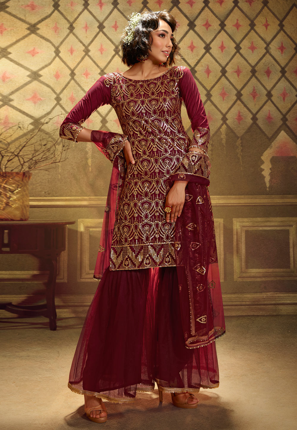 Wine Net Sharara Suit 214067