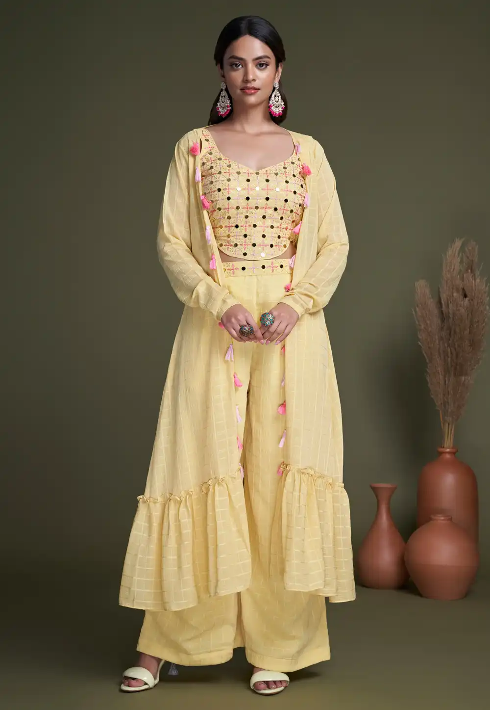 Yellow Georgette Kurta Set With Jacket 266197