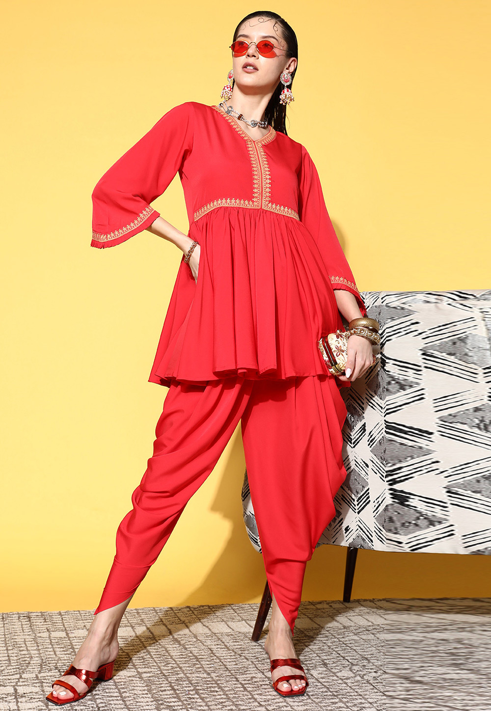 Red Crepe Kurta Set With Dhoti 268172