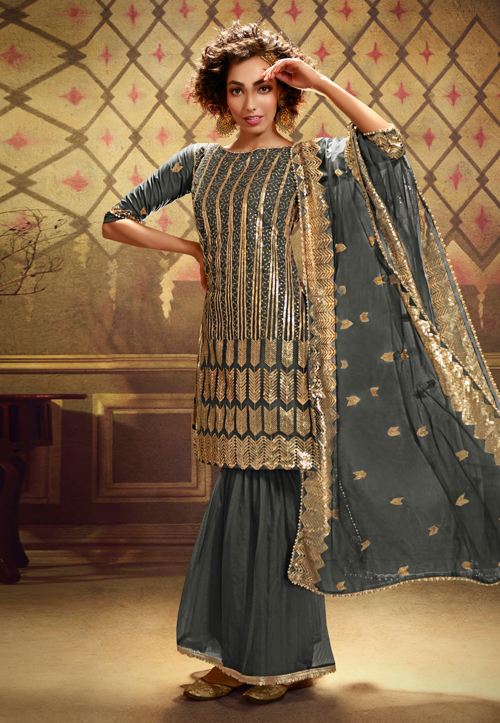 Grey Net Sharara Suit 214068
