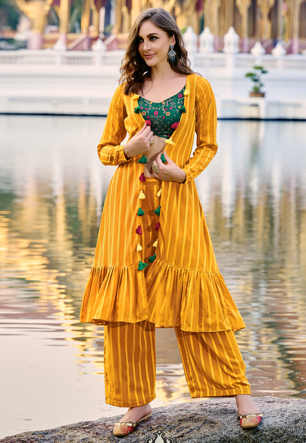 Mustard Georgette Kurta Set With Jacket 264276