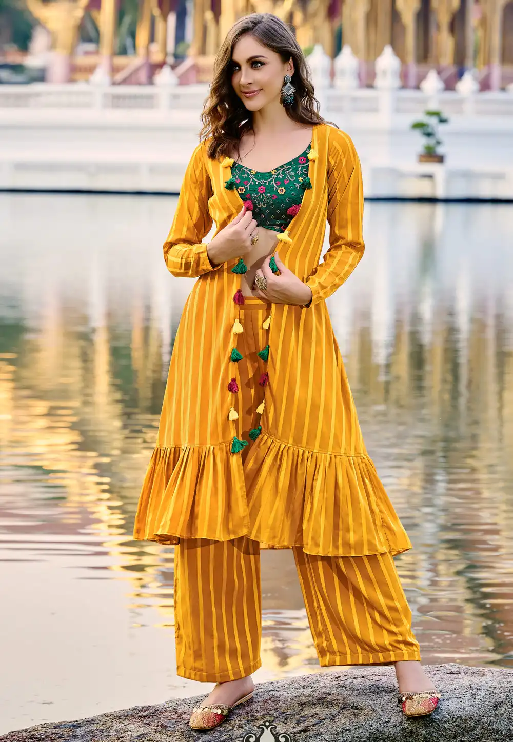 Mustard Georgette Kurta Set With Jacket 264276