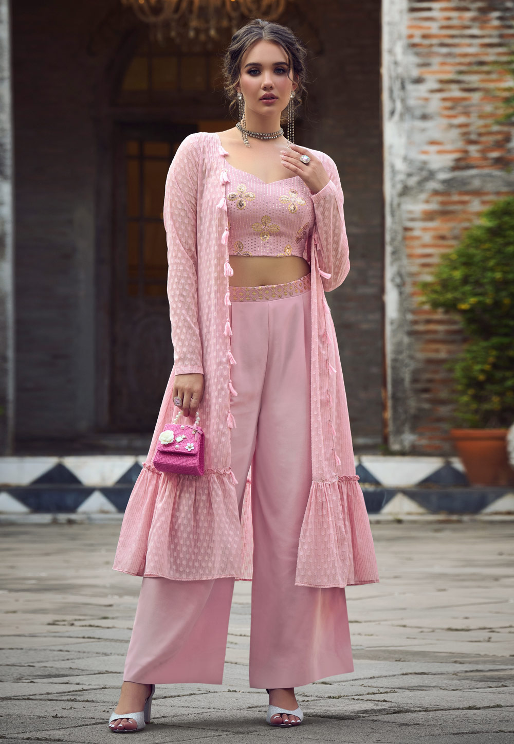 Pink Georgette Kurta Set With Jacket 264277