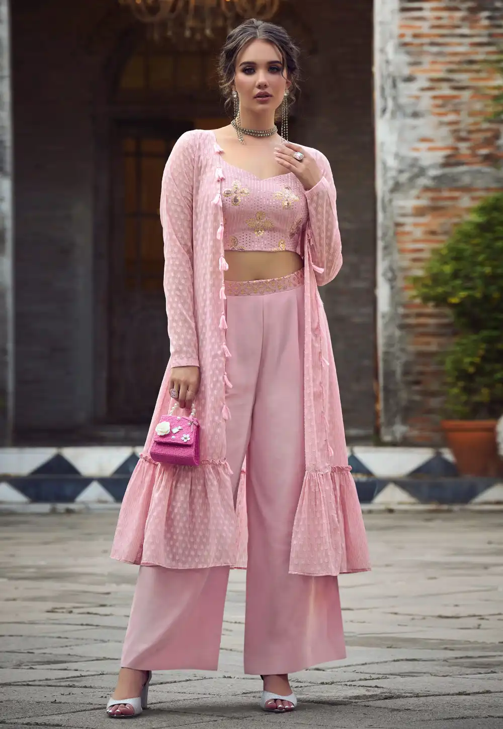 Pink Georgette Kurta Set With Jacket 264277