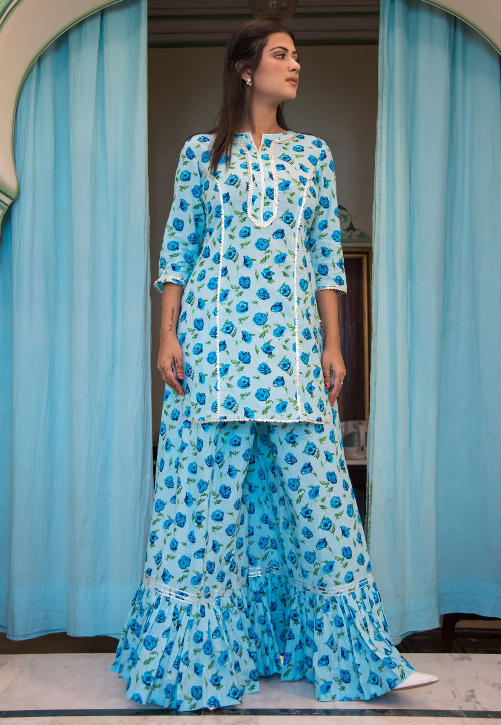 Light Blue Cotton Readymade Sharara Suit 183312