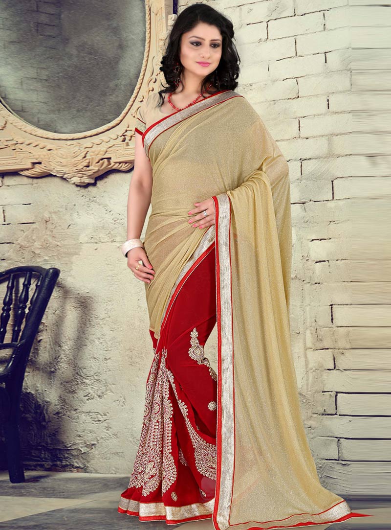 Beige Lycra Half and Half Saree With Blouse 76430