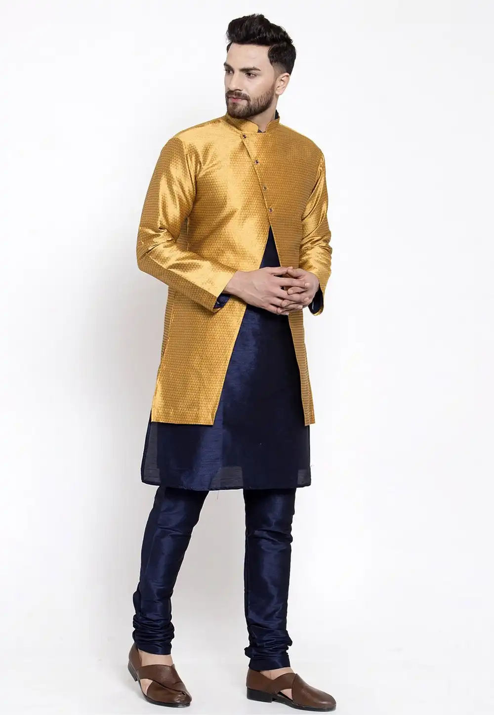 Navy Blue Dupion Silk Kurta Pajama With Jacket 244492