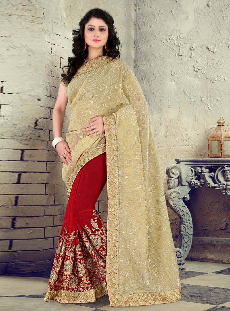 Beige Chiffon Half and Half Saree With Blouse 76432