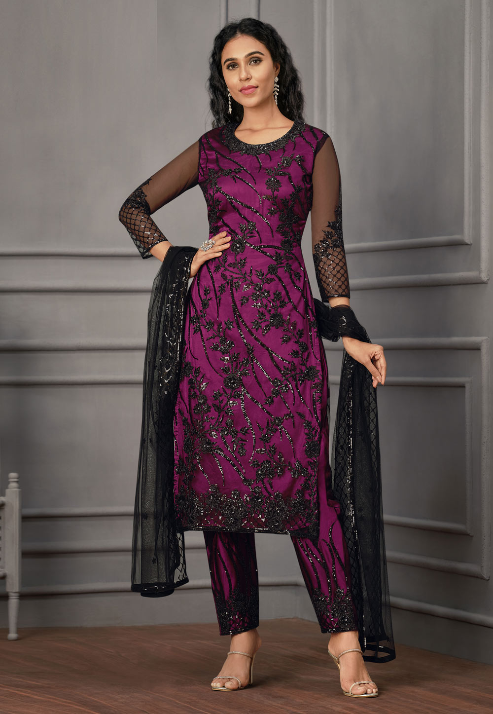 Magenta Net Pant Style Suit 245540