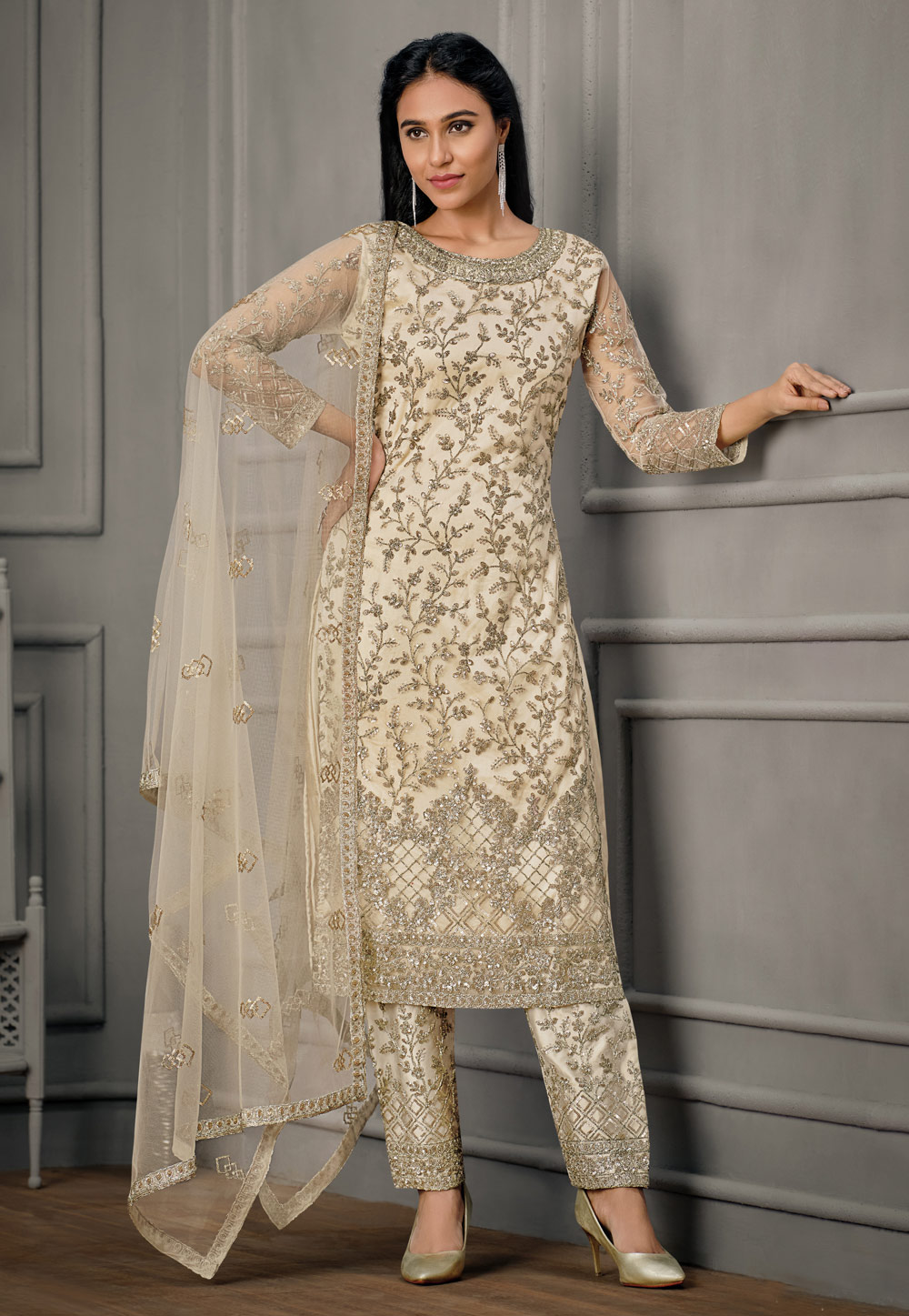 Beige Net Kameez With Pant 245541
