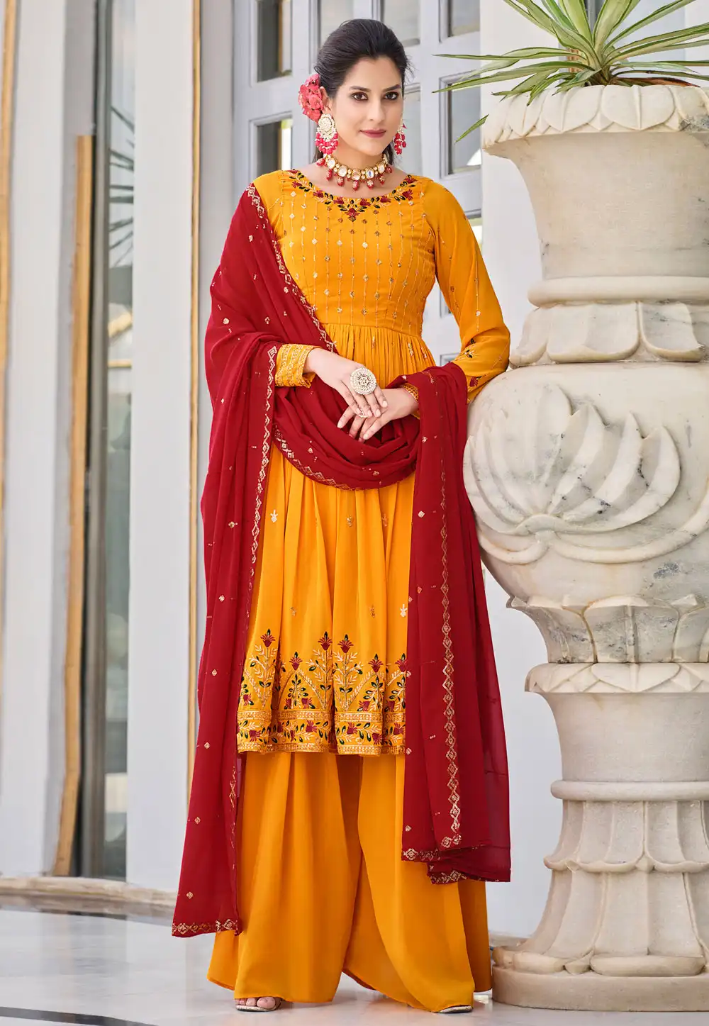 Mustard Georgette Readymade Palazzo Suit 265642
