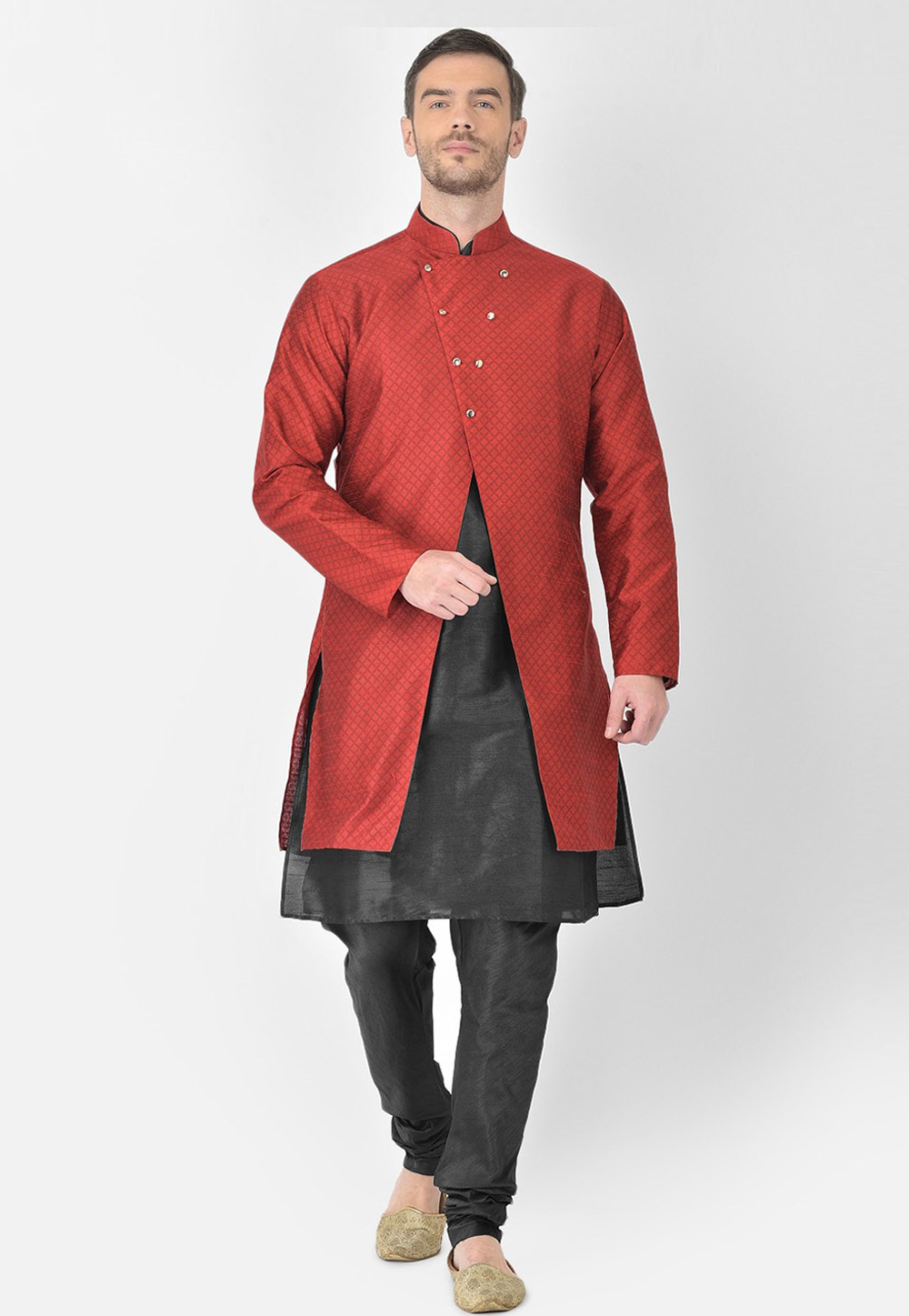 Black Dupion Silk Kurta Pajama With Jacket 244494