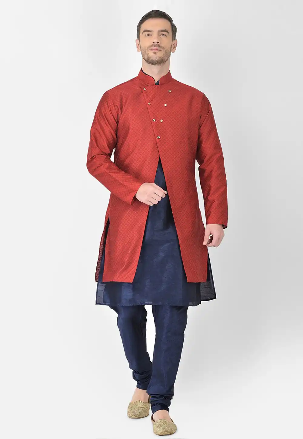 Navy Blue Dupion Silk Kurta Pajama With Jacket 244495