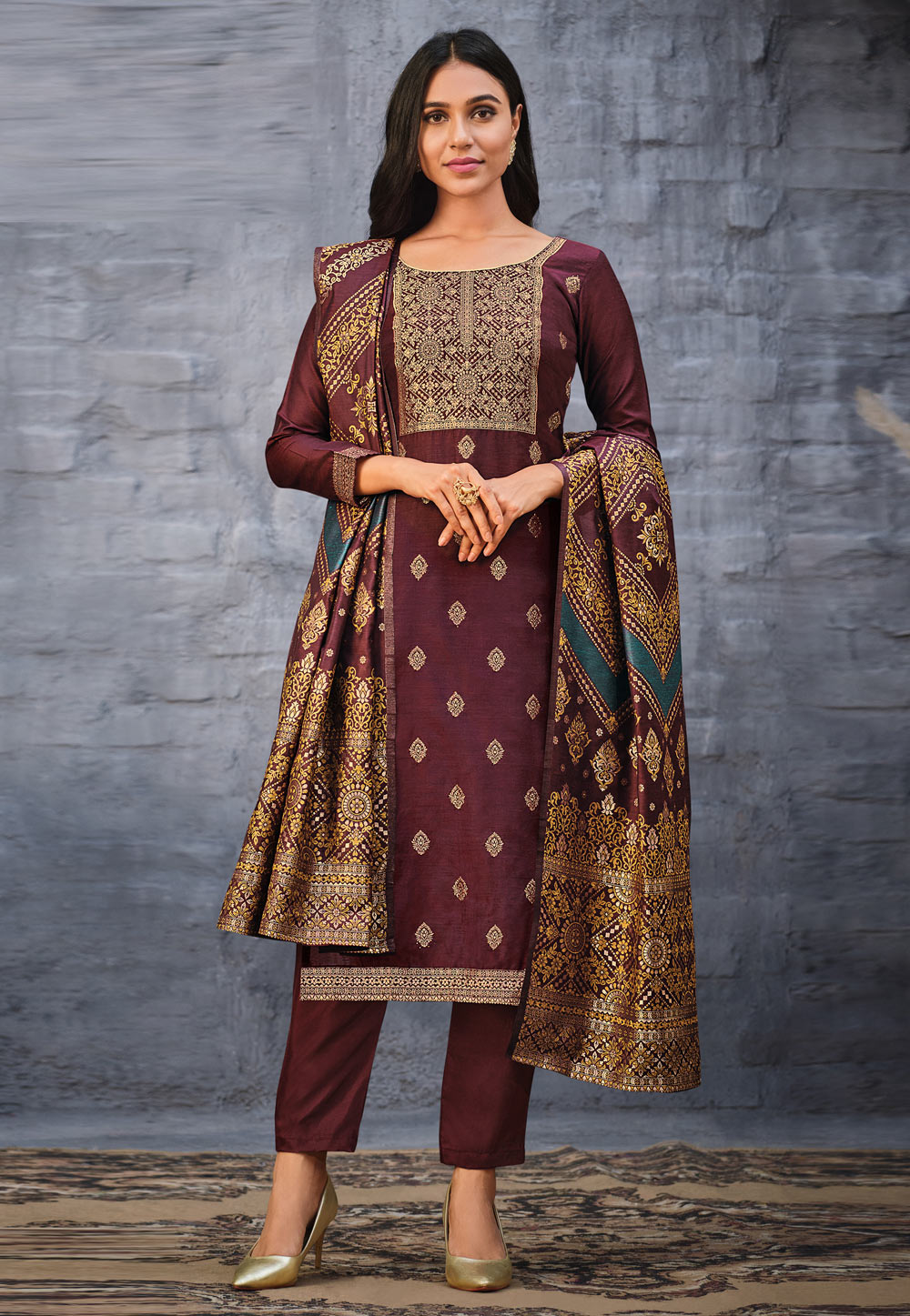 Wine Silk Jacquard Pakistani Suit 261556