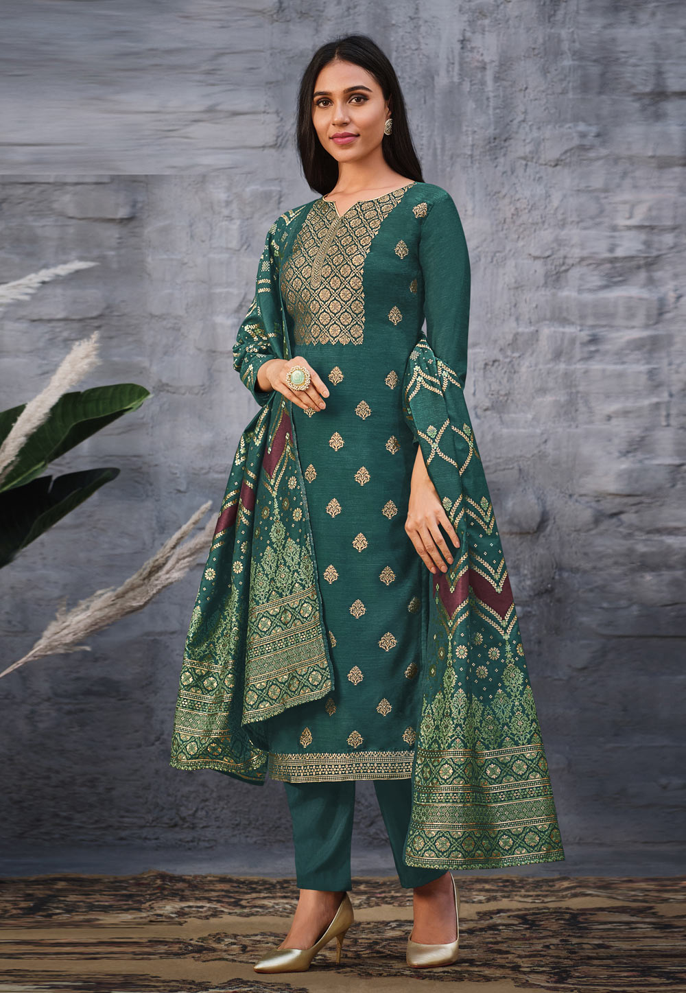Teal Silk Jacquard Pakistani Suit 261558