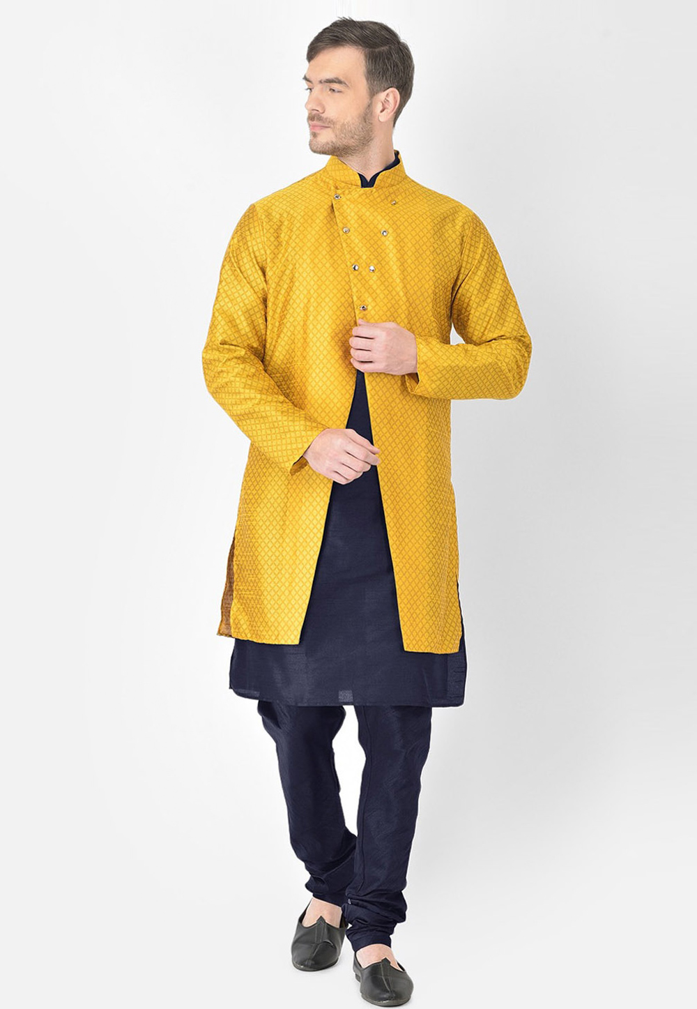 Navy Blue Dupion Silk Kurta Pajama With Jacket 244496
