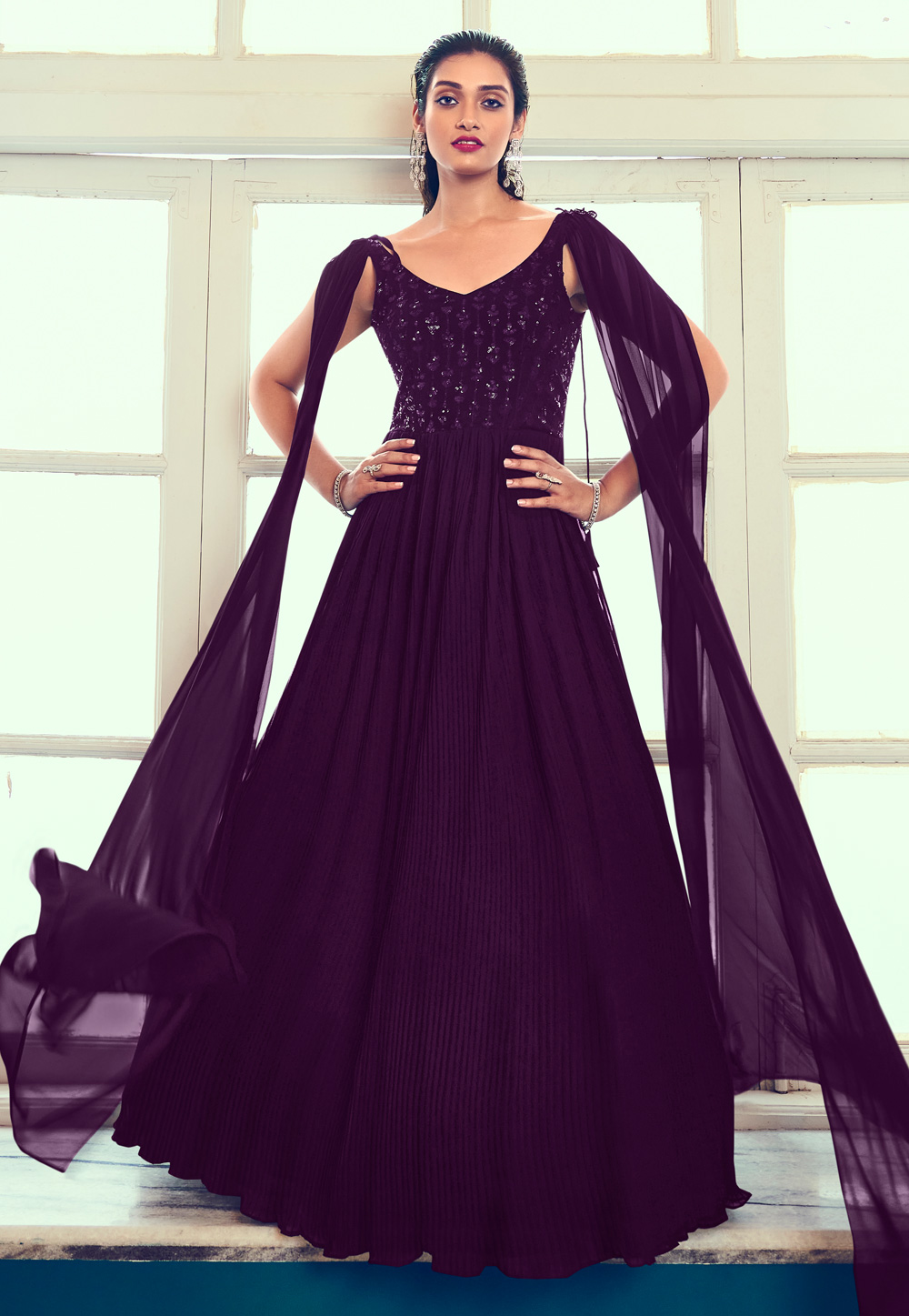 Purple Georgette Readymade Long Anarkali Suit 266291