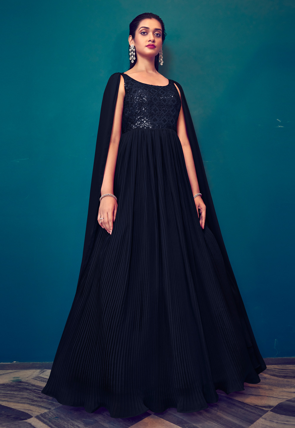 Navy Blue Georgette Readymade Abaya Style Anarkali Suit 266294