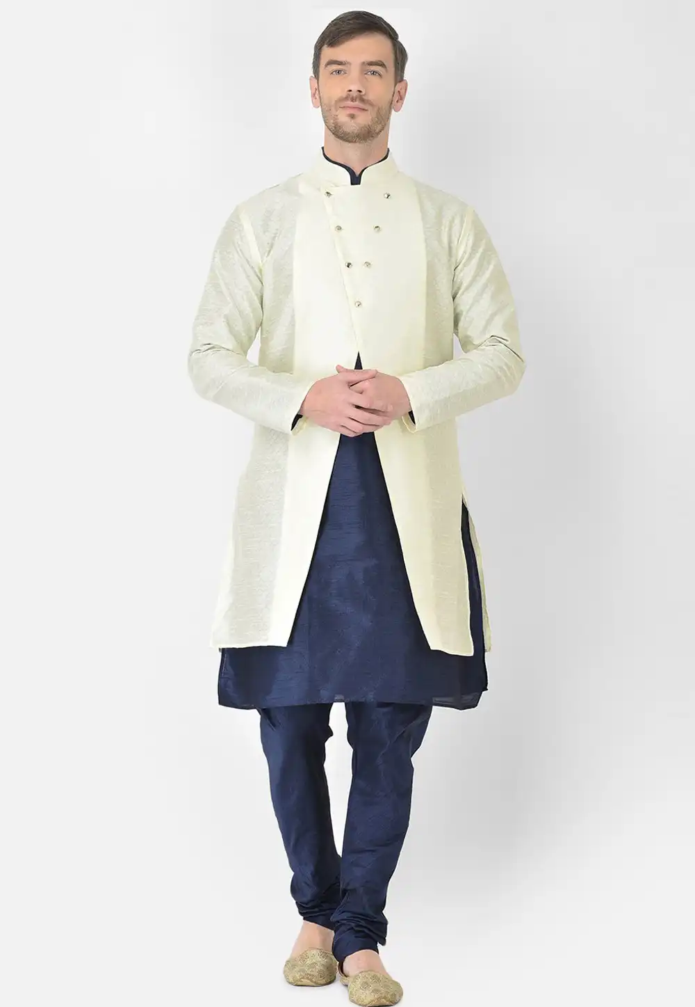 Navy Blue Dupion Silk Kurta Pajama With Jacket 244497