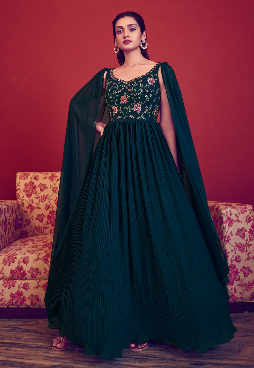 Teal Georgette Readymade Long Anarkali Suit 268499