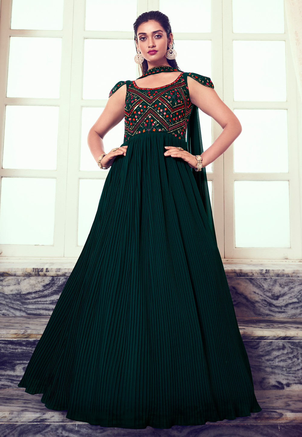Green Georgette Readymade Long Anarkali Suit 268501