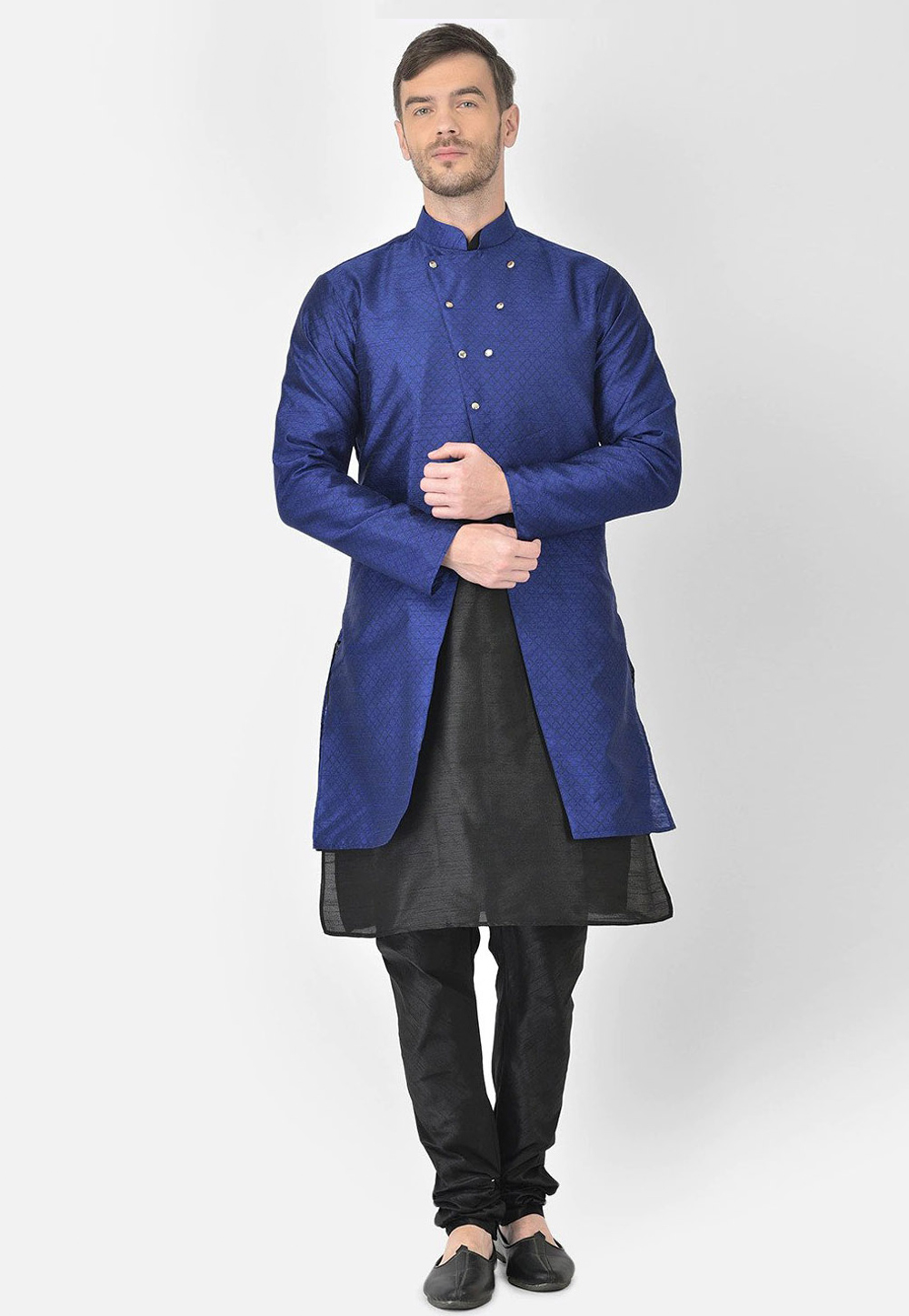 Black Dupion Silk Kurta Pajama With Jacket 244498